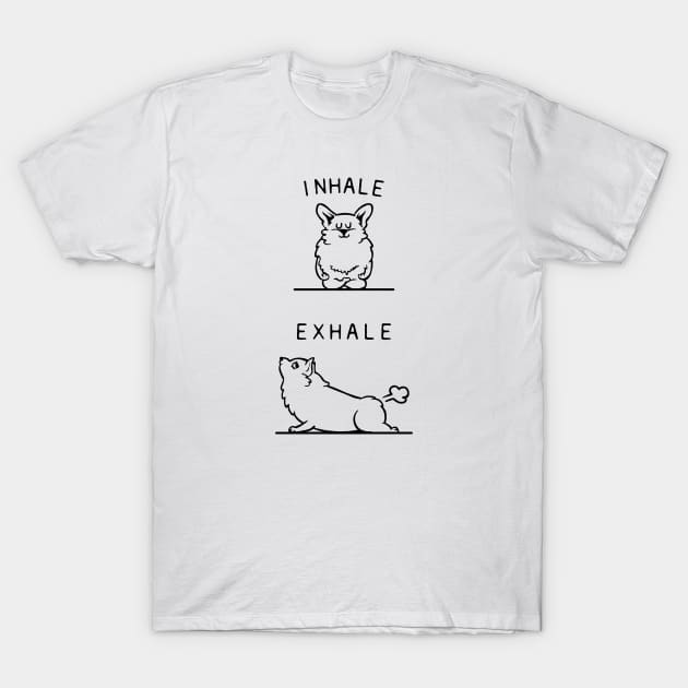 Inhale Exhale Corgi T-Shirt by huebucket